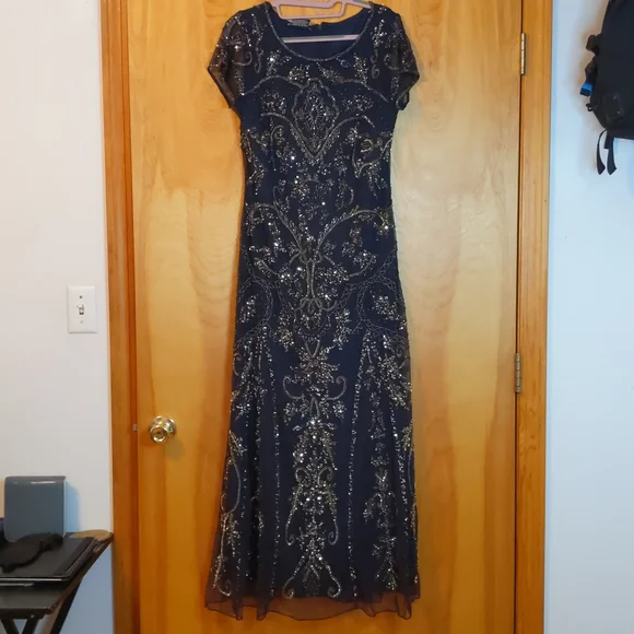 pisarro nights navy beaded dress Pisarro Nights Beaded Art Deco Flapper Dress, Slate Blue Sequin Cocktail Gown